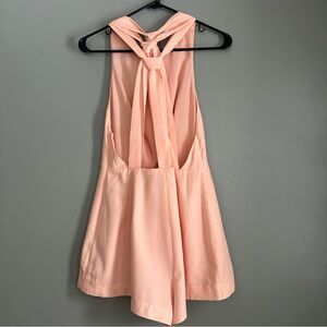 Keepsake Peach 🍑 Pleated High Neckline Open Back w/ Knot detail Romper - Size M